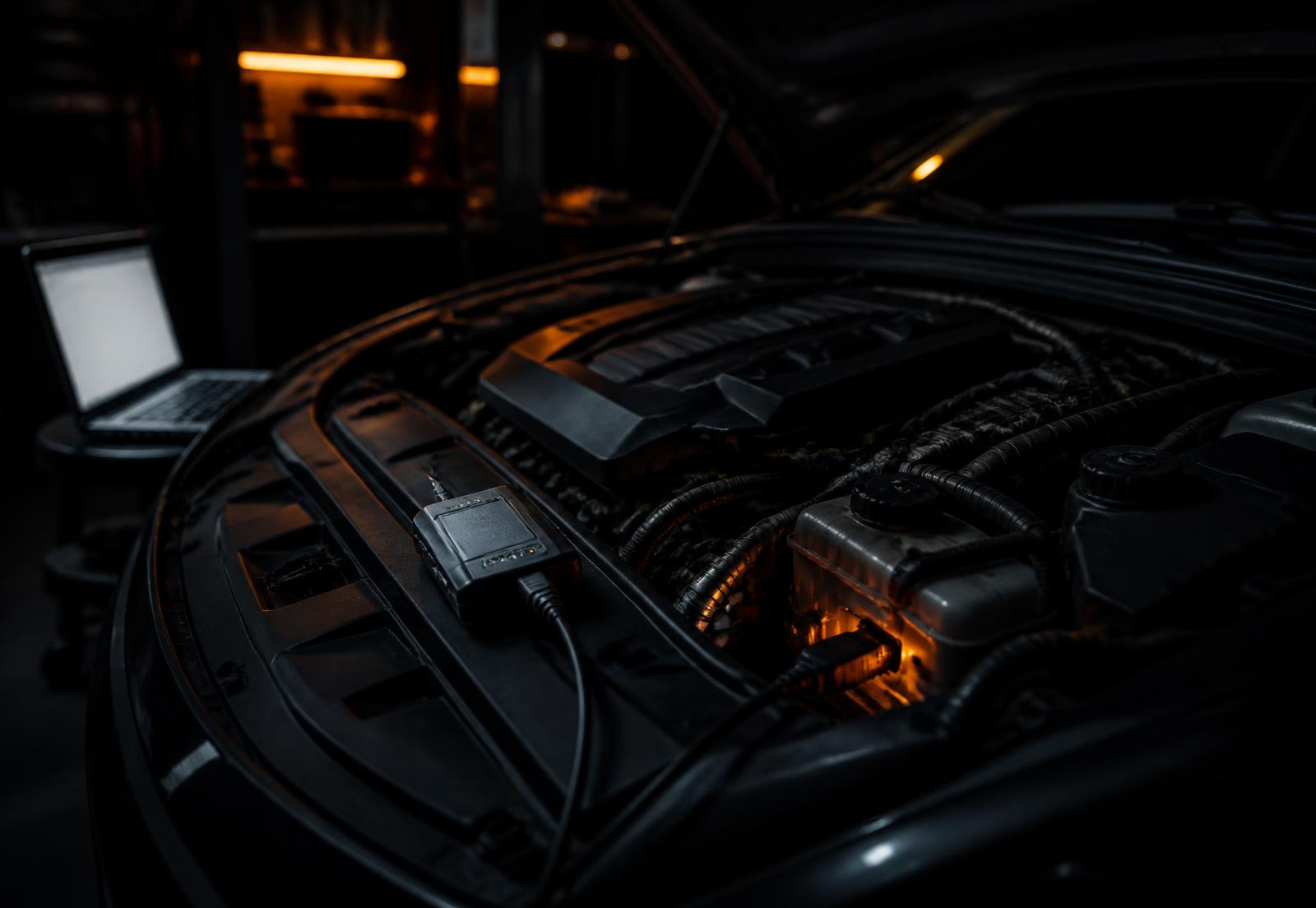 OEM VCI diagnostic device connected in an engine bay during a remote ECU programming session