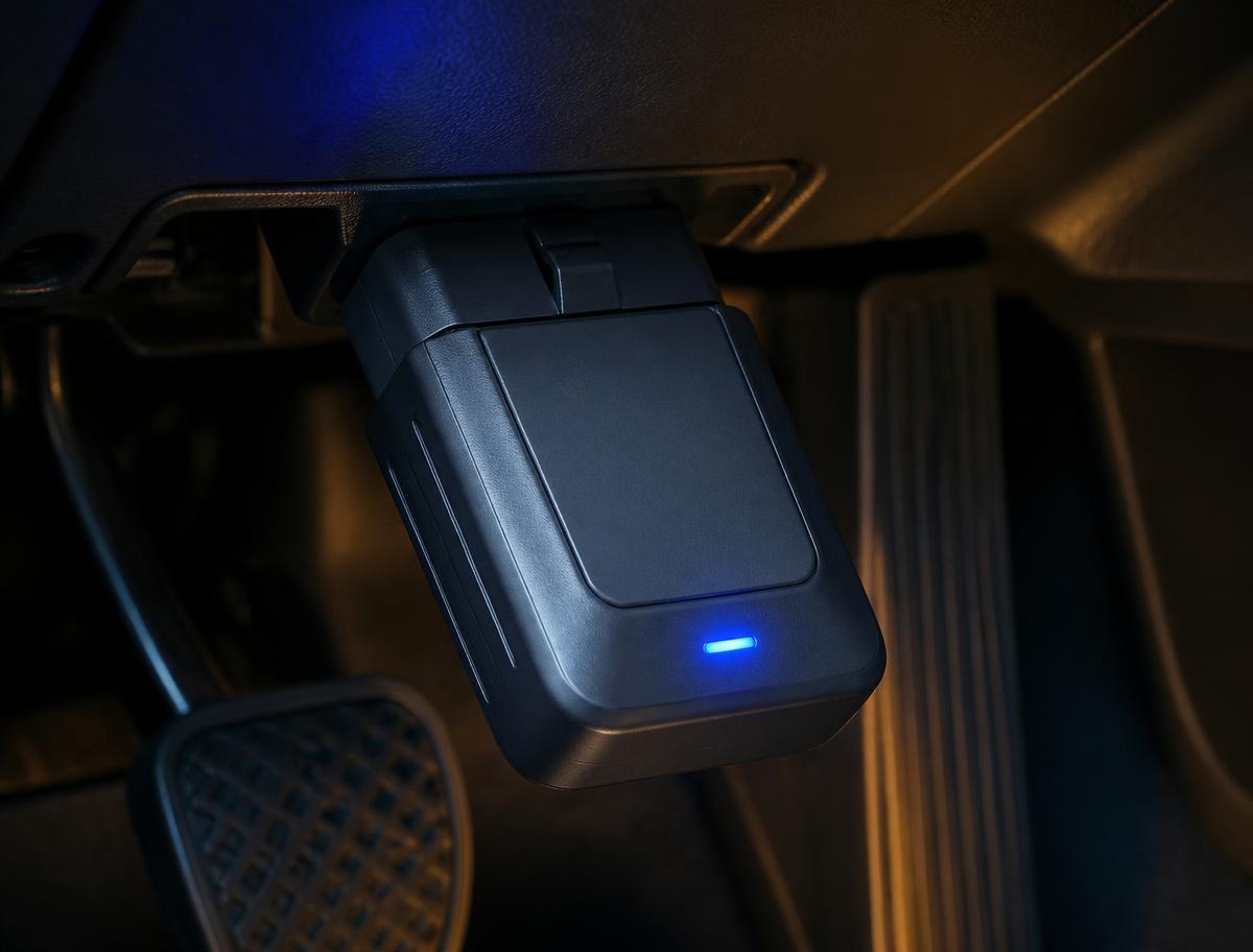 OEM VCI interface plugged into a vehicle OBD-II port with status light active